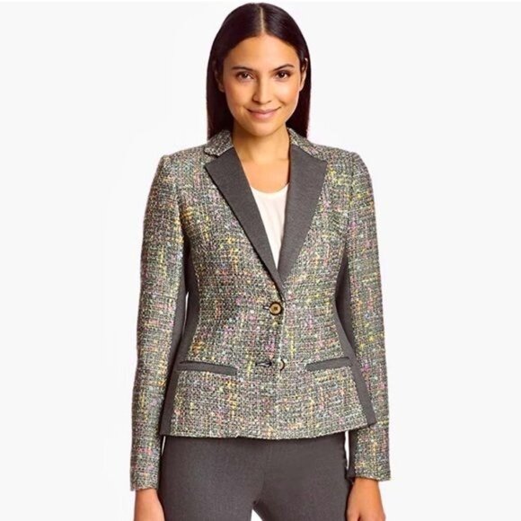 Trina Turk Green Plaid Tweed Blazer Jacket Golden Eye 2 XS - Picture 1 of 13